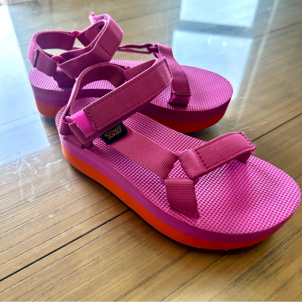 TEVA Fuchsia Hot Pink 🌺 Sunset Orange 🍊 platform sport slide sandals Barbiecore - Picture 7 of 7